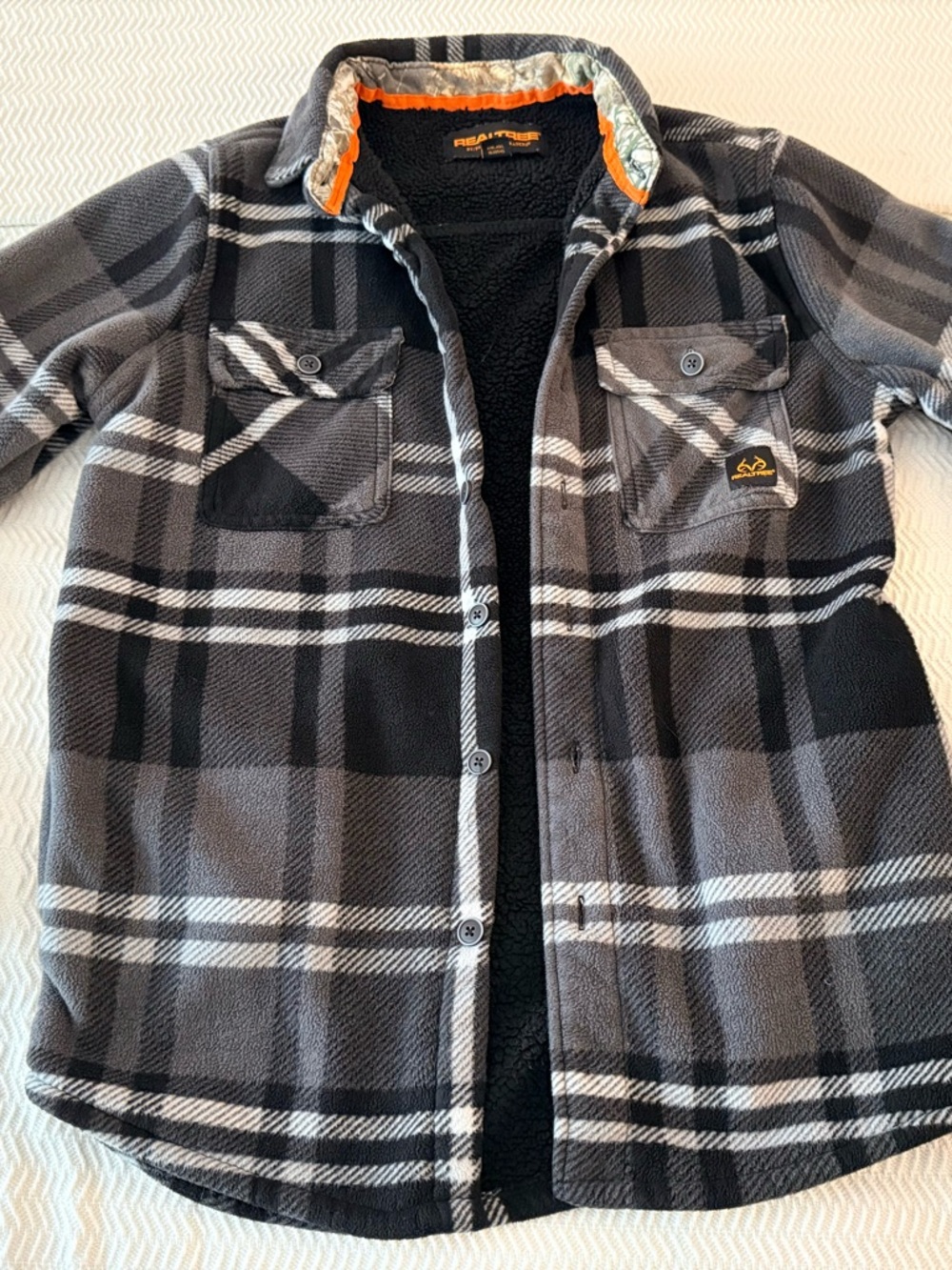 Realtree Men’s Black, Gray & White Plaid Sherpa-Lined Button Jacket
